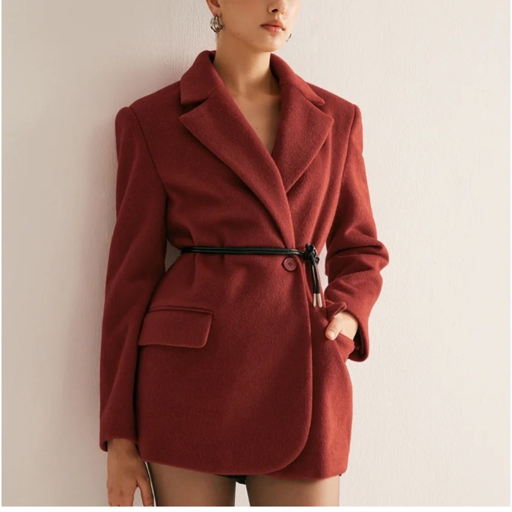 Wool blend premium quality red oversized drawstring tie belt blazer jacket - Picture 6 of 9